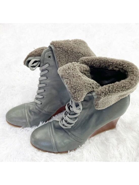 Barbara Bui Shoes - Barbara Bui Shearling Foldover Lace Up Leather Wedge Booties